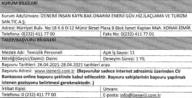 İzenerji personel alımı 2021