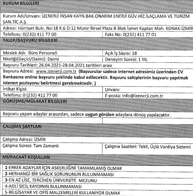 İzenerji personel alımı 2021