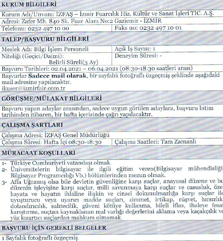 İzmir Büyükşehir Belediyesi personel alımı 2021 Nisan