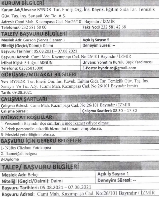 İzmir Bayındır Belediyesi personel alımı 2021 iş ilanları