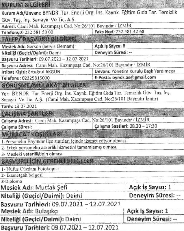 İzmir Bayındır Belediyesi personel alımı 2021 iş ilanları