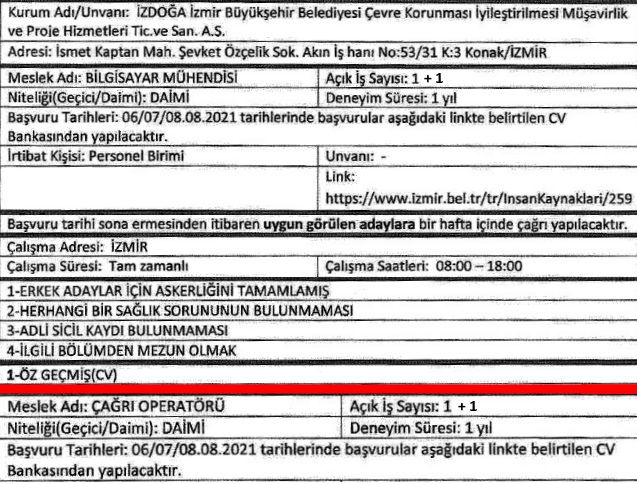 İzmir Büyükşehir Belediyesi İzdoğa personel alımı 2021 işçi alımı