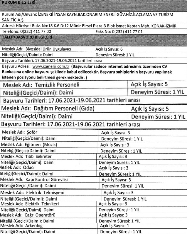 İzmir Büyükşehir Belediyesi İzenerji personel alımı 2021