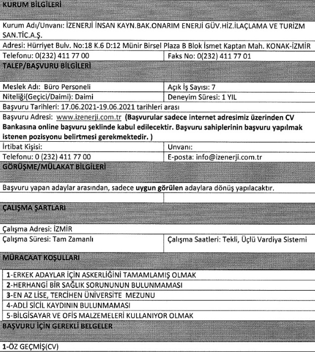 İzmir Büyükşehir Belediyesi İzenerji personel alımı 2021