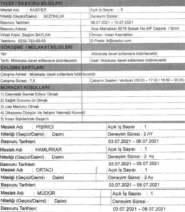 İzmir Çeşme Belediyesi personel alımı 2021