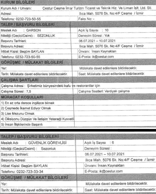 İzmir Çeşme Belediyesi personel alımı 2021