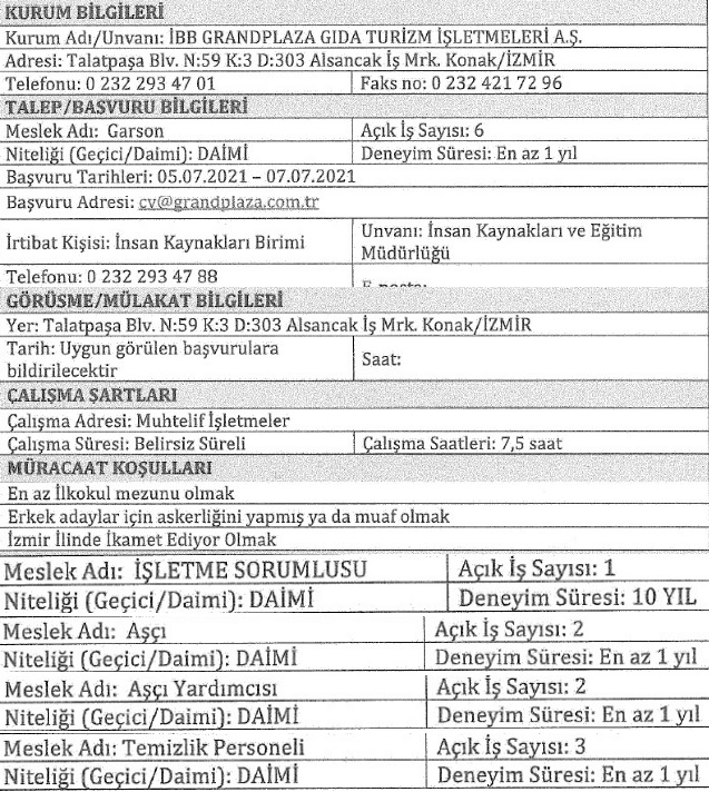 İzmir Büyükşehir Belediyesi Grand Plaza işçi alımı 2021 iş ilanları