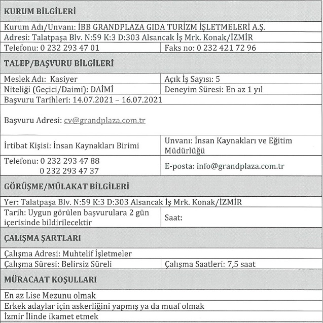 İzmir Büyükşehir Belediyesi Grand Plaza iş ilanları işçi alımı 2021