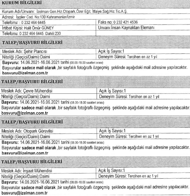 İzmir Büyükşehir Belediyesi İzelman personel alımı 2021 Haziran