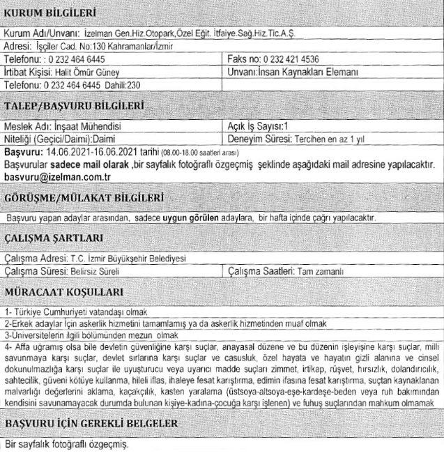 İzmir Büyükşehir Belediyesi İzelman personel alımı 2021 Haziran
