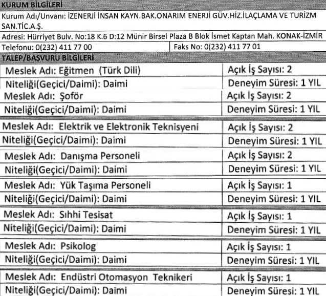İzmir İzenerji işçi alımı 2021 Temmuz