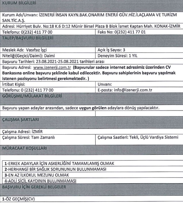 İzmir Büyükşehir Belediyesi İzenerji personel alımı 2021