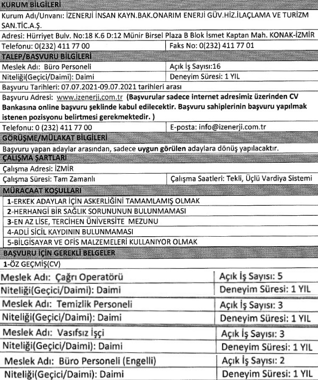 İzmir Büyükşehir Belediyesi İzenerji personel alımı 2021