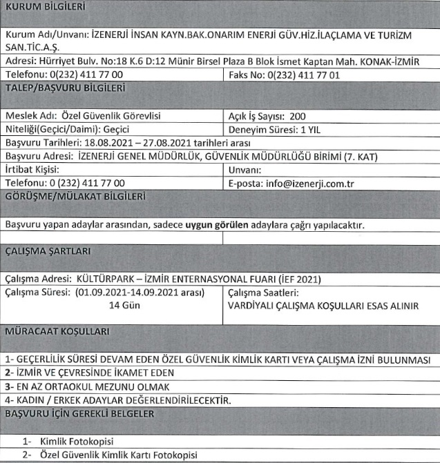 İzmir Büyükşehir Belediyesi İzenerji personel alımı 2021