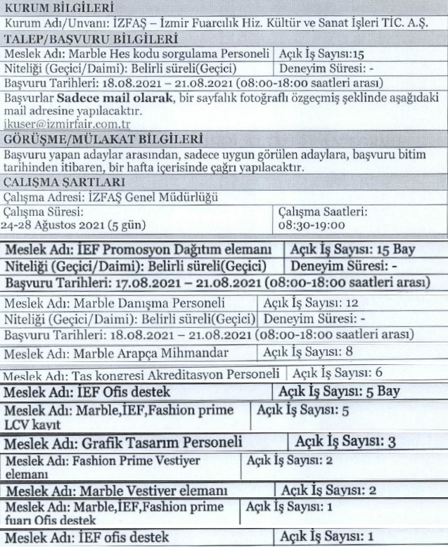 İzmir İZFAŞ personel alımı 2021 İzfaş iş ilanları