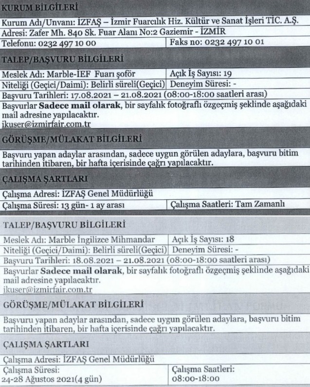 İzmir İZFAŞ personel alımı 2021 İzfaş iş ilanları