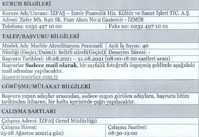 İzmir İZFAŞ personel alımı 2021 İzfaş iş ilanları