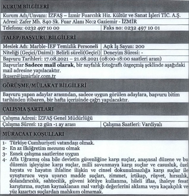 İzmir İZFAŞ personel alımı 2021 İzfaş iş ilanları