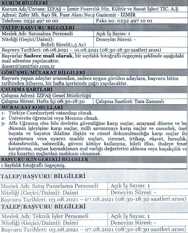 İzmir Büyükşehir Belediyesi İZFAŞ personel alımı 2021 işçi alımı