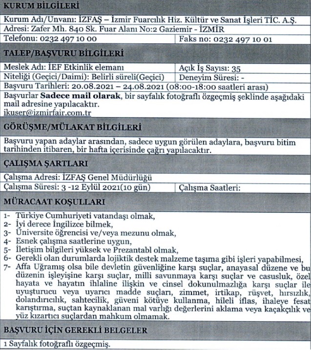 İzmir Büyükşehir Belediyesi İZFAŞ personel alımı 2021 işçi alımı