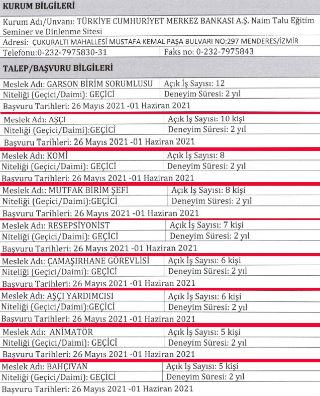 İzmir Menderes Naim Talu dinlenme tesisleri personel alımı iş ilanları
