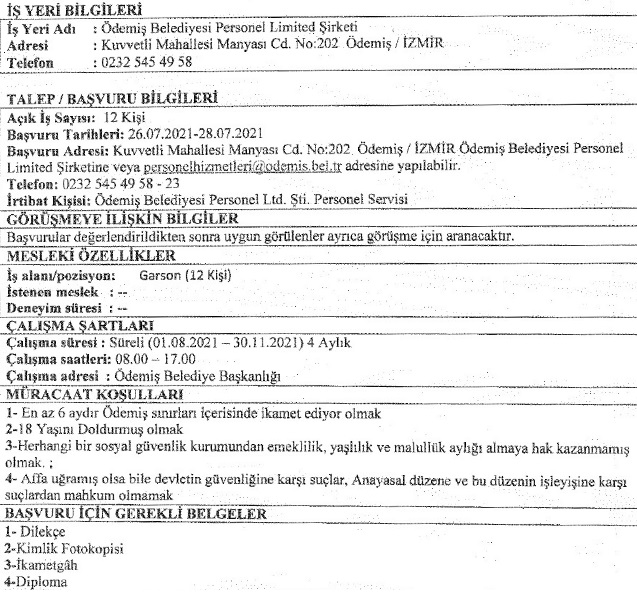 Ödemiş Belediyesi personel alımı 2021 iş ilanları