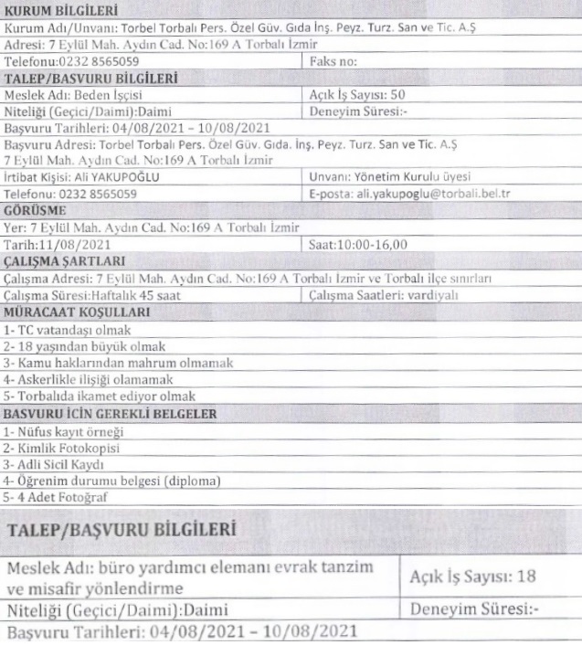 İzmir Torbalı Belediyesi personel alımı 2021 iş ilanları