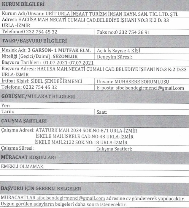 İzmir Urla Belediyesi personel alımı 2021 iş ilanları