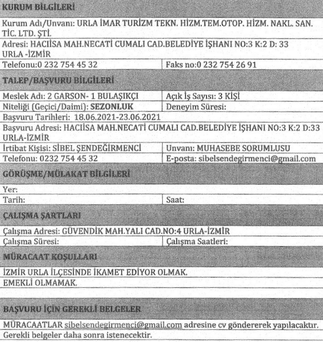 İzmir Urla Belediyesi personel alımı 2021 işçi alımı