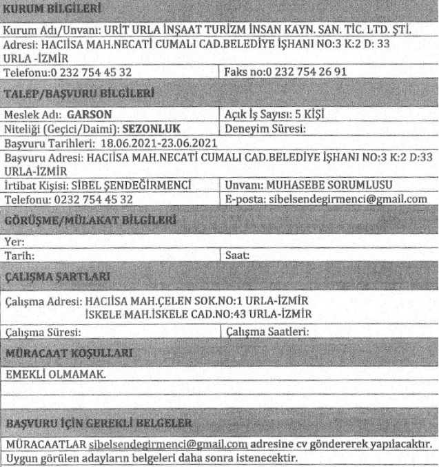 İzmir Urla Belediyesi personel alımı 2021 işçi alımı
