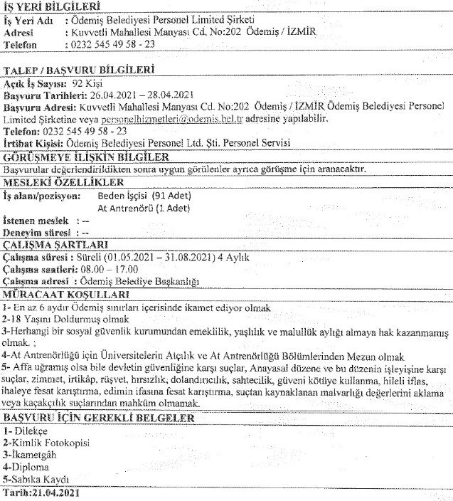 ödemiş belediyesi personel alımı 2021