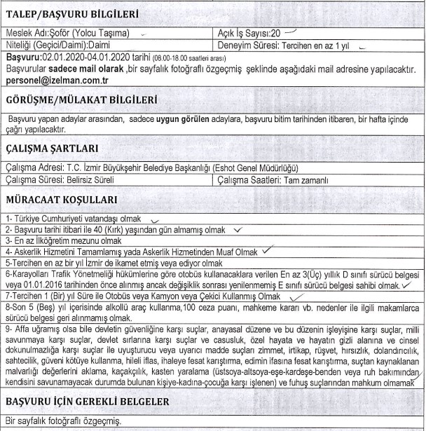 İzmir Büyükşehir Belediyesi şoför personel alımı başladı