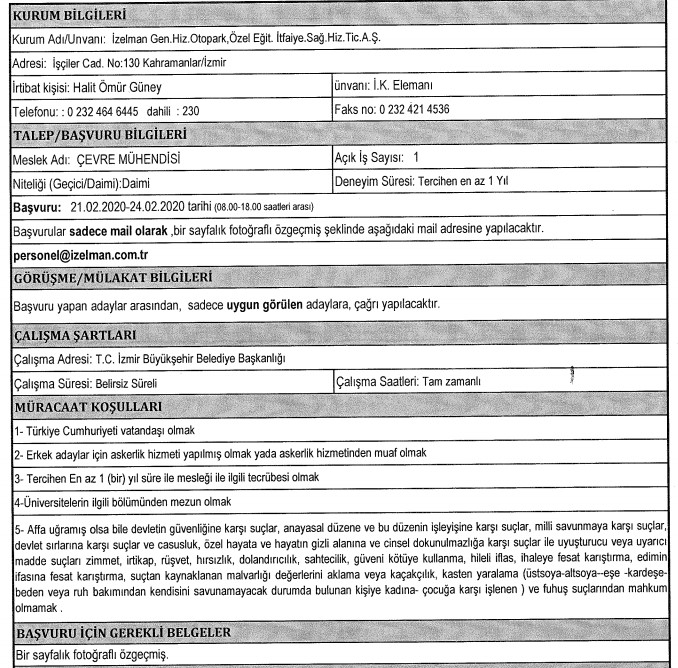 İzmir Büyükşehir Belediyesi ve ilçe personel alımı başladı