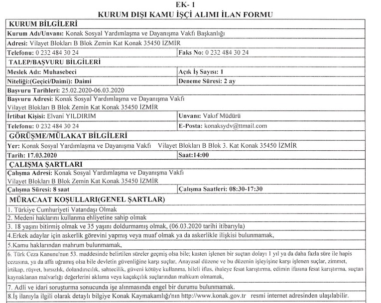 Konak Sosyal Yardımlaşma Danışma Vakfı, muhasebeci arıyor!