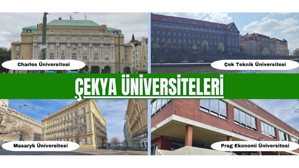 Çekya üniversiteleri arasında yer alan Charles Üniversitesi, Çek Teknik Üniversitesi, Masaryk Üniversitesi ve Prag Ekonomi Üniversitesi’nin kampüs binalarını gösteren görsel. Çek Cumhuriyeti’nde üniversite eğitimi almak isteyen öğrenciler için öne çıkan devlet üniversitelerini tanıtan görsel içerik.