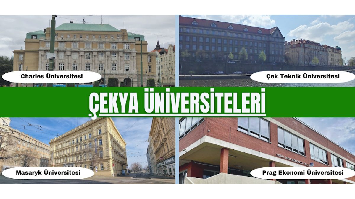 Çekya üniversiteleri arasında yer alan Charles Üniversitesi, Çek Teknik Üniversitesi, Masaryk Üniversitesi ve Prag Ekonomi Üniversitesi’nin kampüs binalarını gösteren görsel. Çek Cumhuriyeti’nde üniversite eğitimi almak isteyen öğrenciler için öne çıkan devlet üniversitelerini tanıtan görsel içerik.
