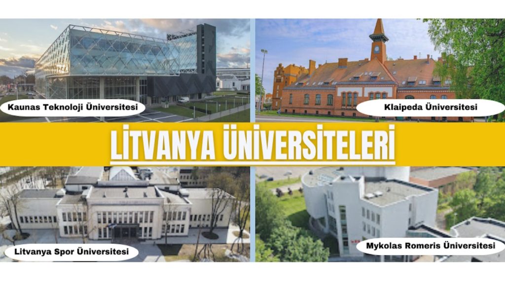 Litvanya üniversiteleri fotoğrafı, ülkenin önde gelen yükseköğretim kurumlarını tanıtan dört farklı kampüs görselinden oluşan bir kolaj çalışmasıdır. Üst bölümde Kaunas Teknoloji Üniversitesi’nin modern cam cephesi ile Klaipeda Üniversitesi’nin tarihi kırmızı tuğla binası yer alırken, alt bölümde Litvanya Spor Üniversitesi’nin klasik mimarisi ve Mykolas Romeris Üniversitesi’nin çağdaş tasarımlı binası görülmektedir.