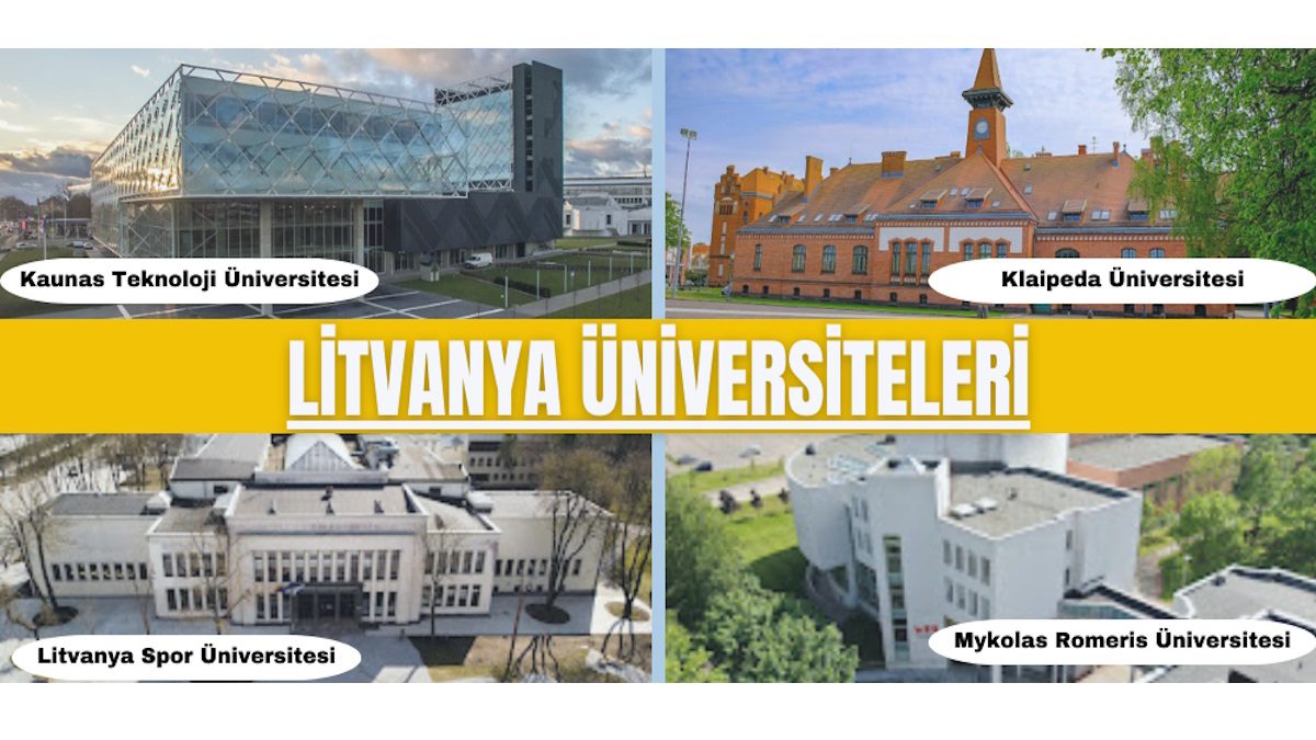 Litvanya üniversiteleri fotoğrafı, ülkenin önde gelen yükseköğretim kurumlarını tanıtan dört farklı kampüs görselinden oluşan bir kolaj çalışmasıdır. Üst bölümde Kaunas Teknoloji Üniversitesi’nin modern cam cephesi ile Klaipeda Üniversitesi’nin tarihi kırmızı tuğla binası yer alırken, alt bölümde Litvanya Spor Üniversitesi’nin klasik mimarisi ve Mykolas Romeris Üniversitesi’nin çağdaş tasarımlı binası görülmektedir.